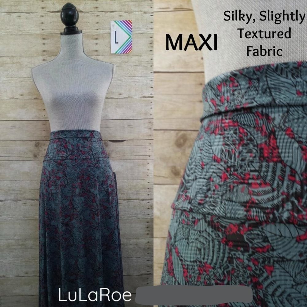 NWT LuLaRoe Maxi Skirt/Dress XL - Slate Blue, Fushia & Black Leaf Print
